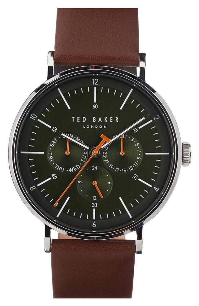 Ted Baker London Timeless Leather Strap Watch, 20mm in Silver/Green/Brown Cover