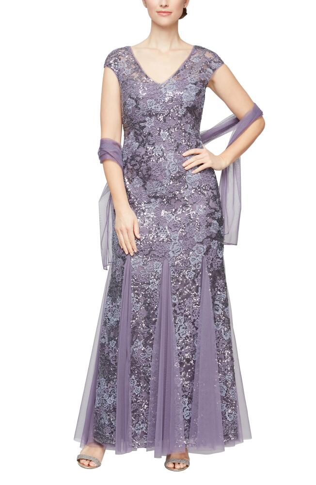 Alex Evenings Sequin Embroidered Trumpet Gown in Icy Orchid Cover