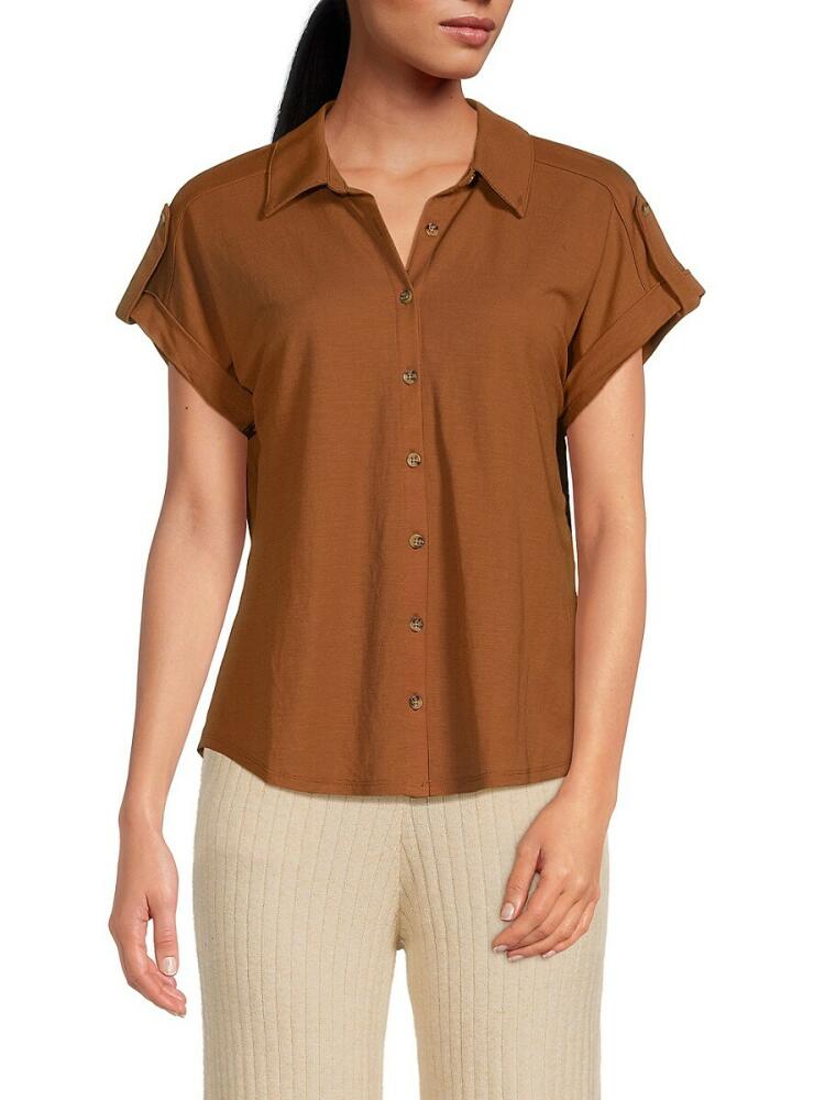 Bobeau Women's Short Sleeve Tab Cuff Shirt - Bran Cover