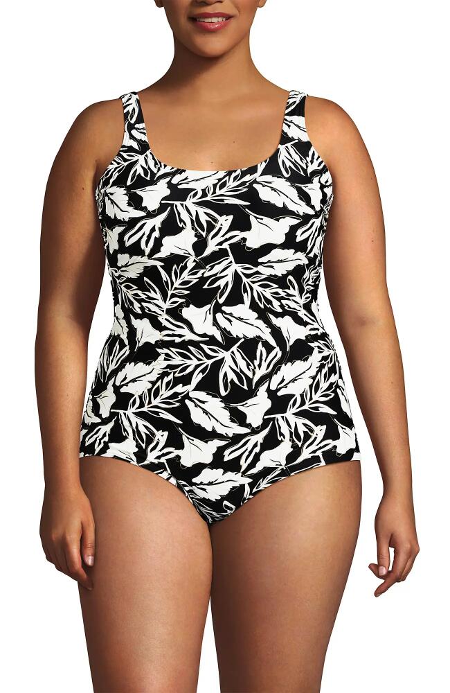 Lands' End Plus Size Chlorine Resistant Soft Cup Tugless Sporty One Piece Swimsuit in Black/egret Abstract Leaf Cover