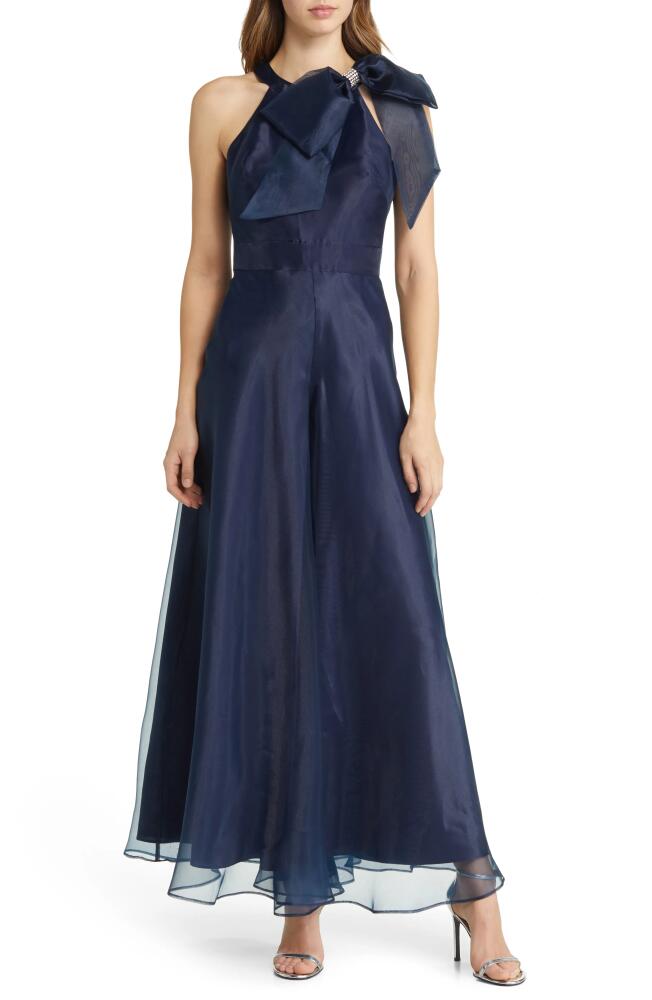 Eliza J Bow Detail One-Shoulder Taffeta Jumpsuit in Navy Cover