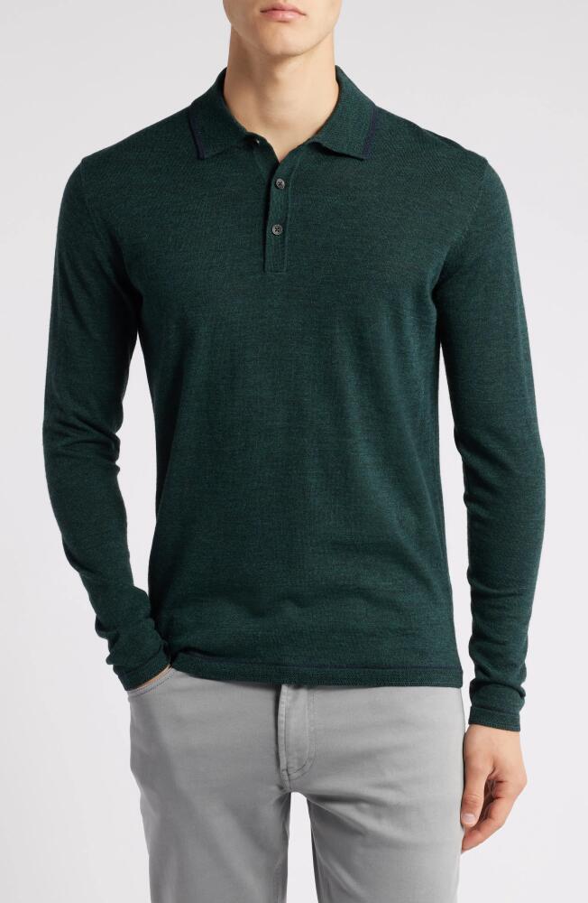 Robert Barakett Roman Long Sleeve Merino Wool Sweater Polo in Deep Green Cover