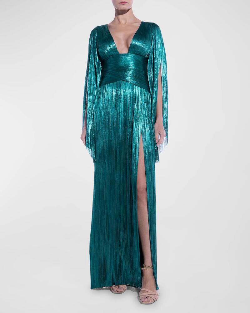 Maria Lucia Hohan Alana Plunging Long-Sleeve Metallic Plisse Slit Gown Cover