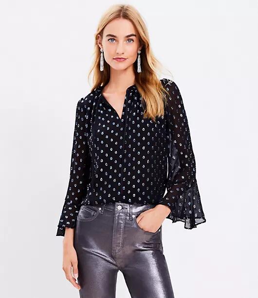 Loft Petite Metallic Clip Ruffle Tie Neck Blouse Cover