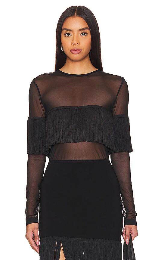 Norma Kamali Long Sleeve Crewneck Fringe Top in Black Cover