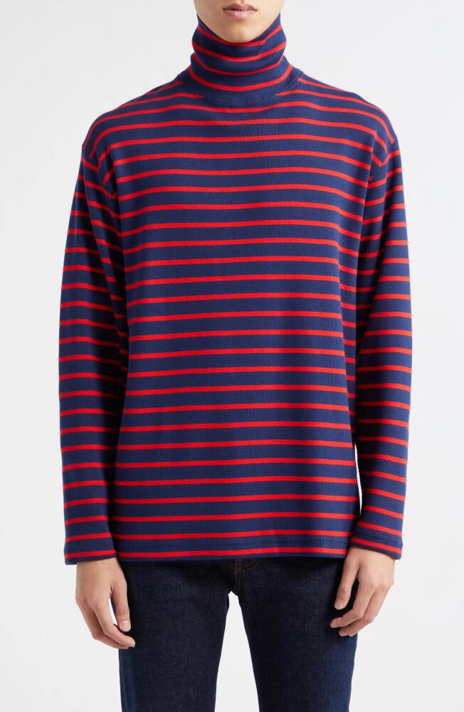 BEAMS Fraise Stripe Long Sleeve Turtleneck Cotton Rib T-Shirt in Navy 79 Cover