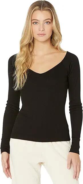 MONROW Rib V Off Shoulder Top (Black) Women's Clothing Cover