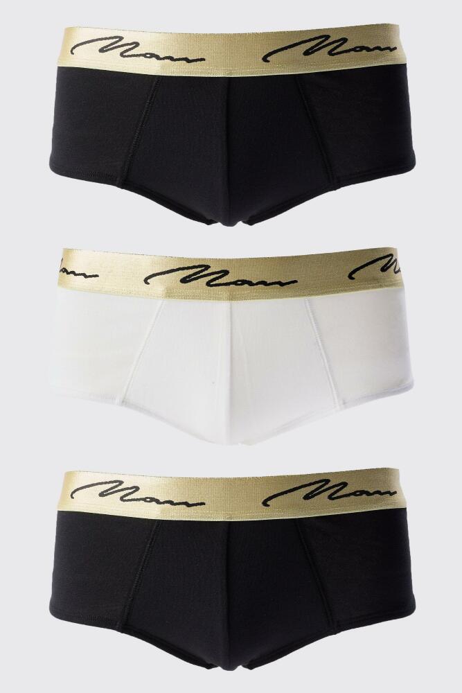 boohoo Mens 3 Pack Man Signature Gold Waistband Briefs In Multi Cover