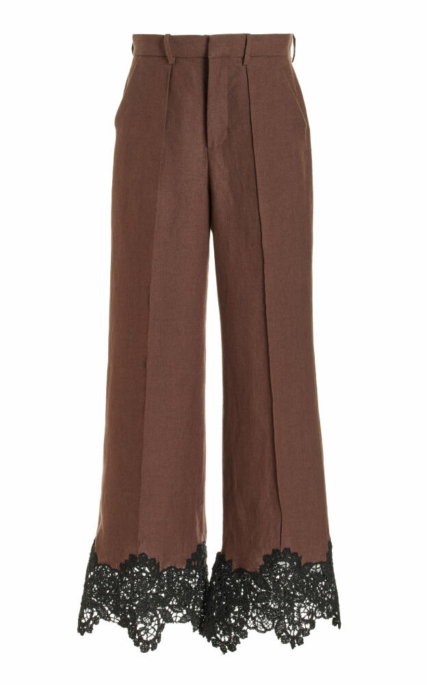 Rosie Assoulin - Paneled and Piped Lace-Detailed Linen Flare Pants - Brown Cover