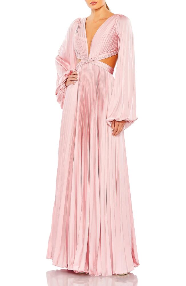 Ieena for Mac Duggal Long Sleeve Pleated Cut-Out Gown in Pink Cover