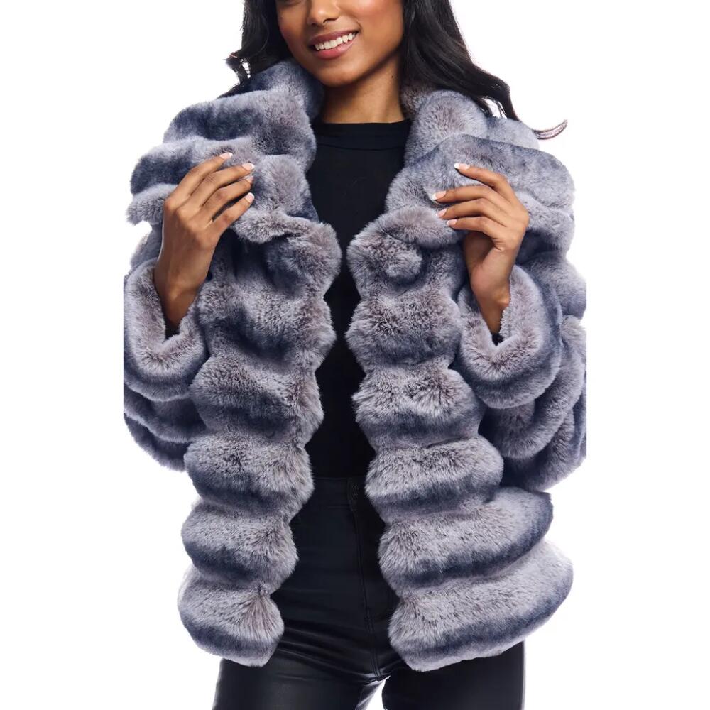 DONNA SALYERS FABULOUS FURS Carmella Shawl Collar Faux Fur Coat in Grey Cover