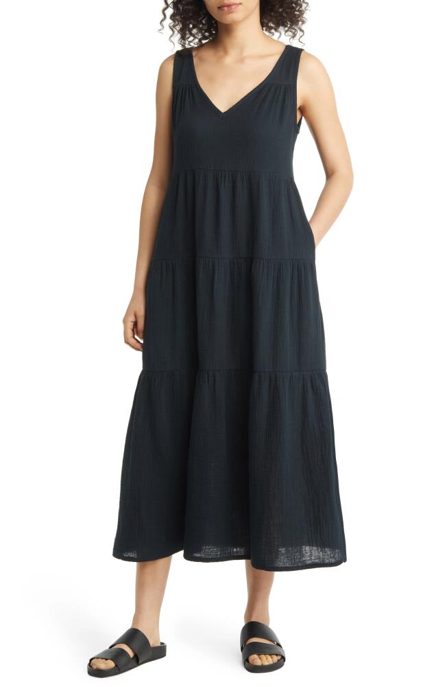 Marine Layer Corinne Tiered Cotton Gauze Maxi Dress in Black Cover