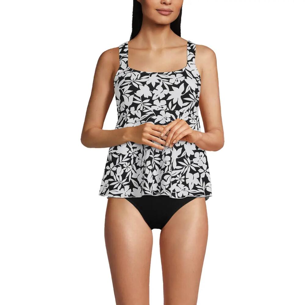 Lands' End Long Flutter Scoop Neck Tankini Top Comfort Adjustable Straps in Black Havana Floral Cover