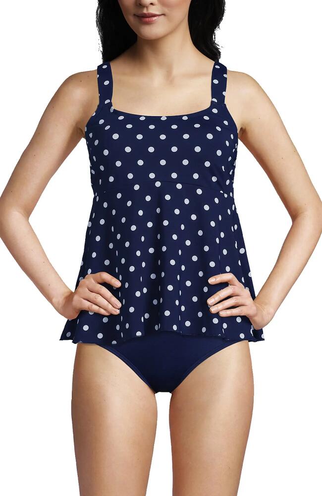 Lands' End Mastectomy Flutter Scoop Neck Tankini Top Comfort Adjustable Straps in Deep Sea Polka Dot Cover