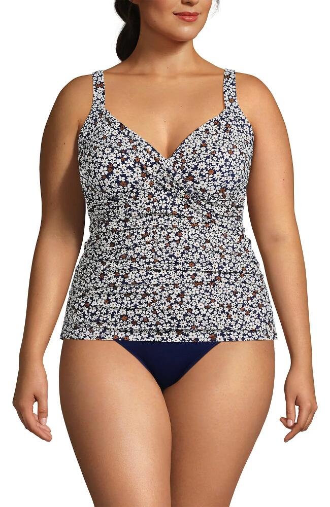 Lands' End Plus Size V-Neck Wrap Underwire Tankini Swimsuit Top in Deep Sea Navy Ditsy Floral Cover