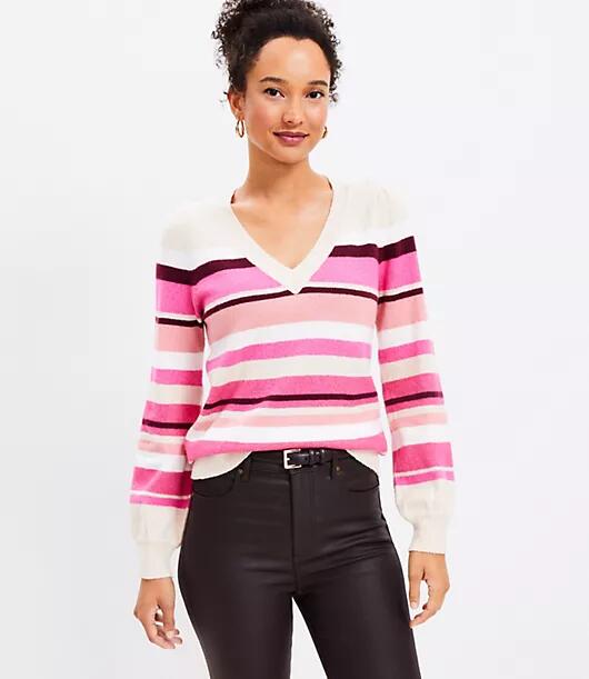 Loft Stripe Relaxed V-Neck Sweater Cover