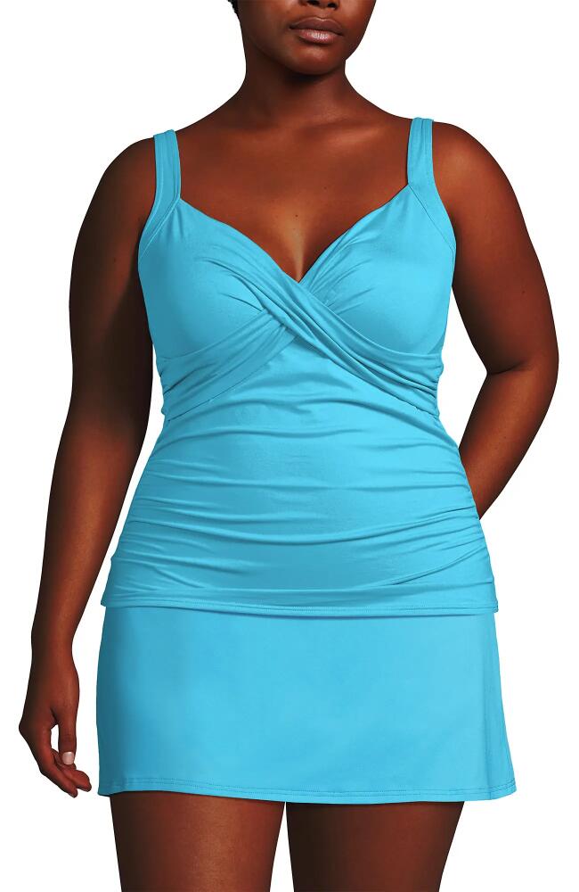 Lands' End Plus Size V-Neck Wrap Underwire Tankini Swimsuit Top in Turquoise Cover