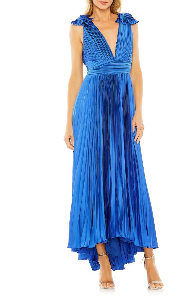 Ieena for Mac Duggal Ruffle Shoulder Plissé Gown in Cobalt Cover