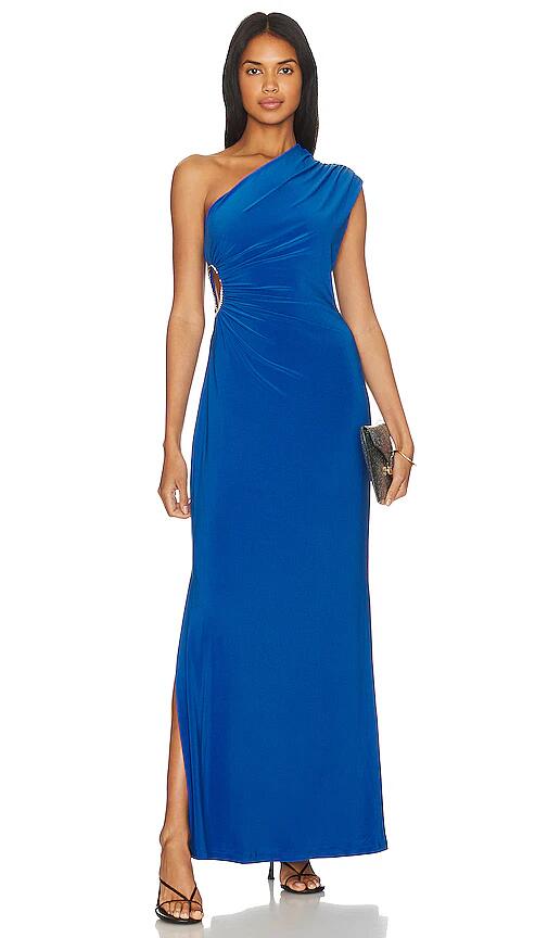 BCBGMAXAZRIA One Shoulder Cut Out Gown in Blue Cover