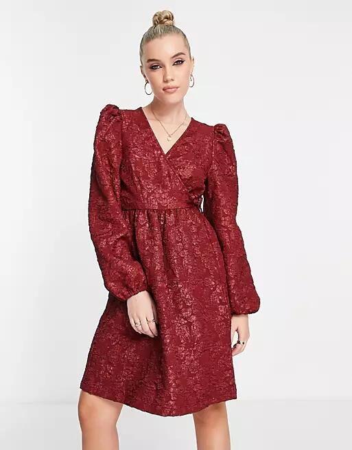 Monki floral jacquard wrap mini dress in burgundy-Black Cover