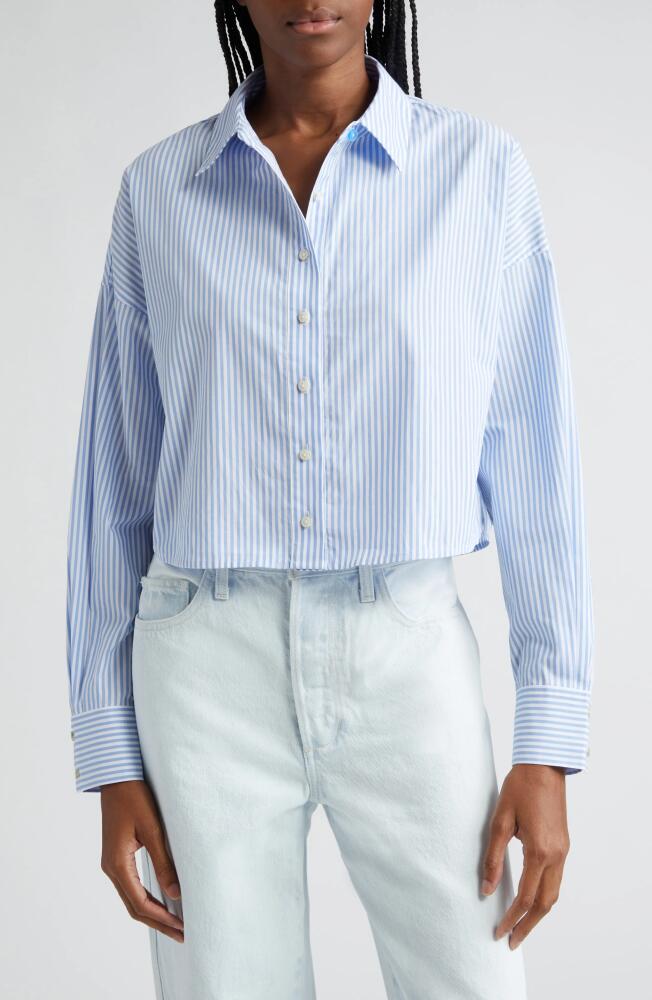 Favorite Daughter The Crop Stripe Cotton Button-Up Shirt in Blue/White Stripe Cover