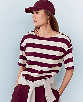 Ann Taylor Petite Weekend Stripe Ribbed Shoulder Button Tee Cover