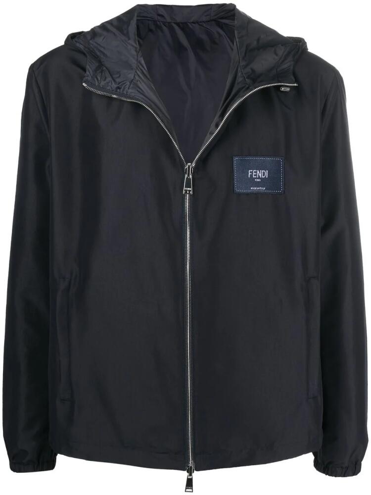 FENDI reversible logo-patch hooded jacket - Blue Cover