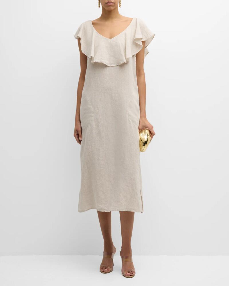 Finley Angel Flutter-Sleeve Ruffle Linen Midi Dress Cover