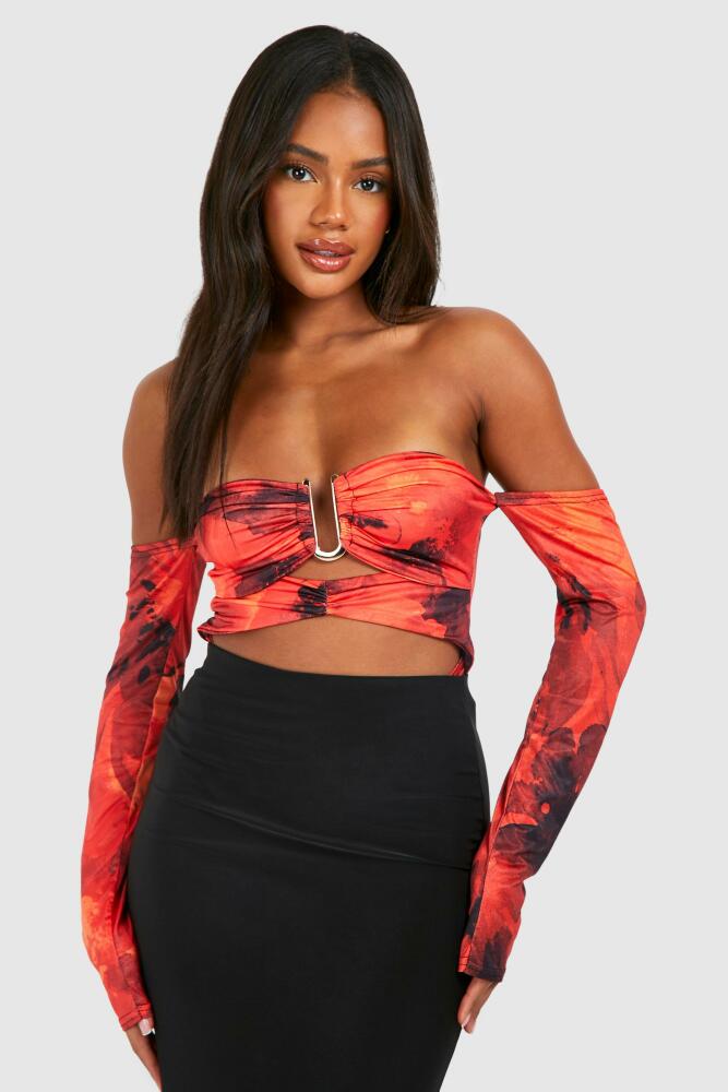 boohoo Womens Floral Off The Shoulder Gold Trim One Piece - Red Cover