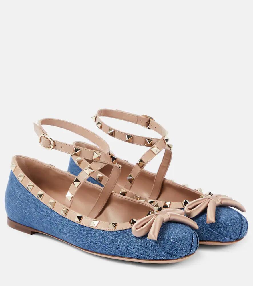 Valentino Garavani Rockstud leather-trimmed denim ballet flats Cover