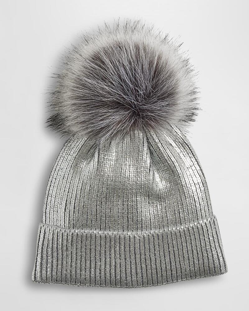 Fabulous Furs Metallic Ribbed Beanie with Faux Fur Pom Cover