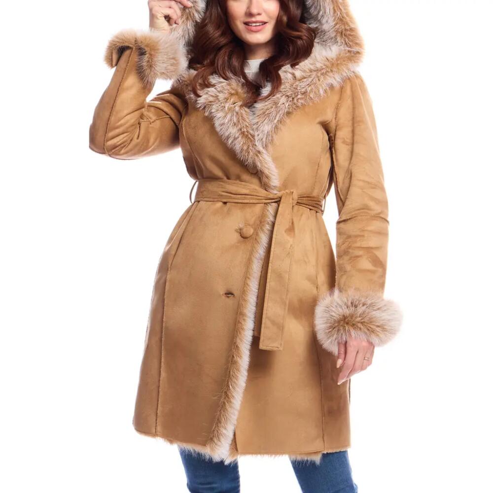 DONNA SALYERS FABULOUS FURS Sundown Faux Fur & Faux Suede Belted Coat in Tobacco Cover