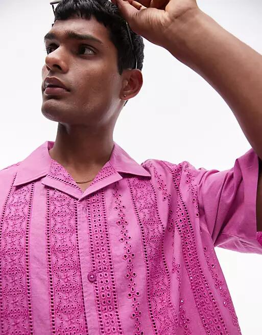 Topman short sleeve eyelet vacation shirt in washed pink Cover