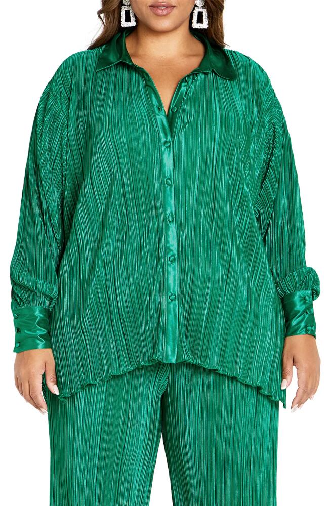 City Chic Andi High-Low Plissé Button-Up Shirt in Greenstone Cover