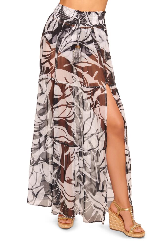 Ramy Brook Cecelia Semisheer Cover-Up Maxi Skirt in Black/White Exotic Palm Print Cover