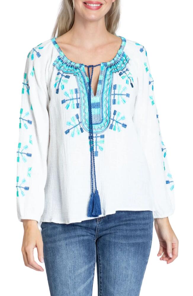 APNY Embroidered Cotton Gauze Peasant Top in White Multi Cover