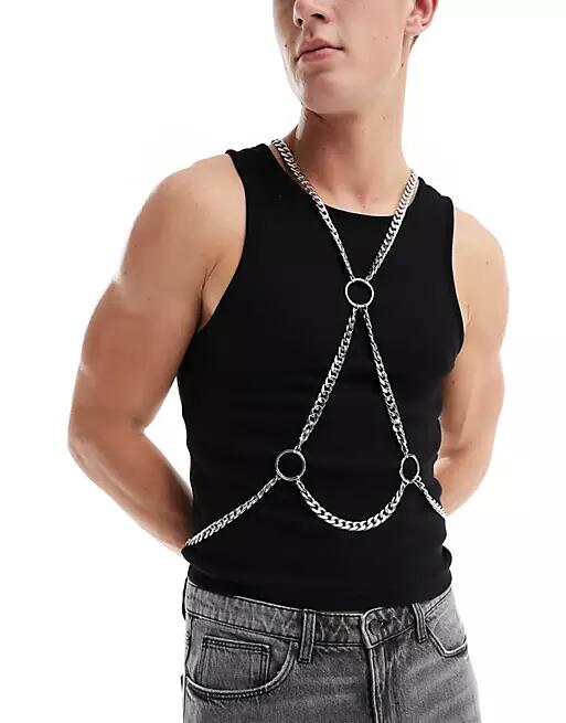 ASOS DESIGN chunky chain body harness with ring detail in silver tone Cover