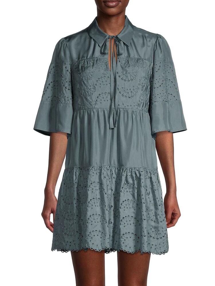 Rebecca Taylor Women's Silk Eyelet Mini Dress - Smokey Blue Cover