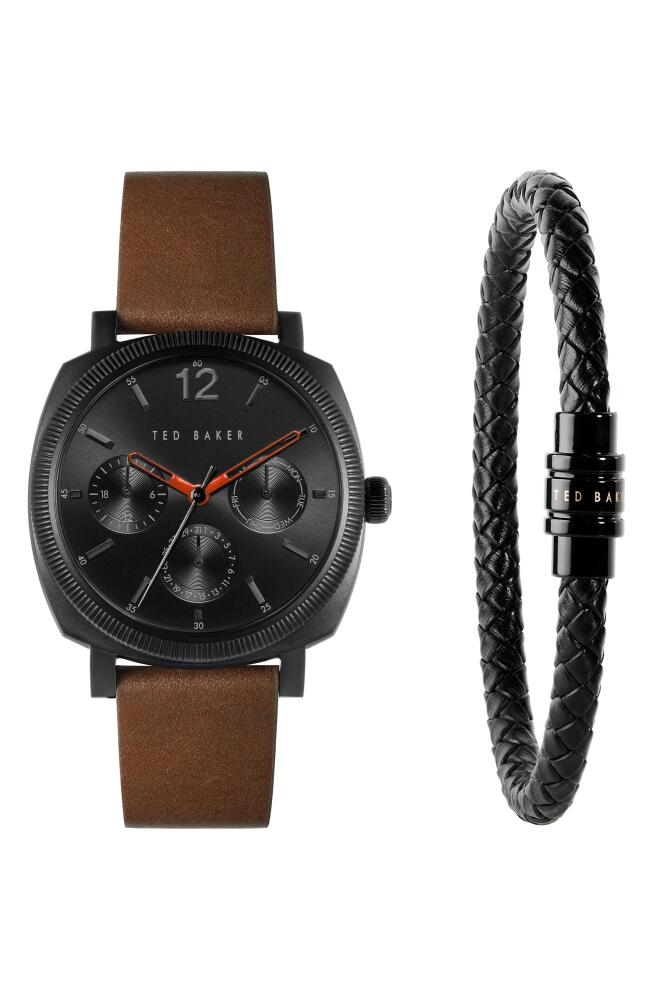 Ted Baker London Caine Leather Strap Watch & Bracelet Set, 42mm in Black/Black/Brown Cover