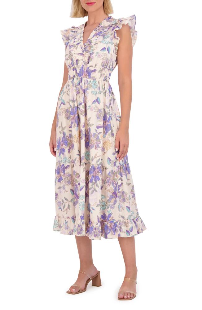 Vince Camuto Floral Ruffle Cotton Midi Dress in Blue Cover