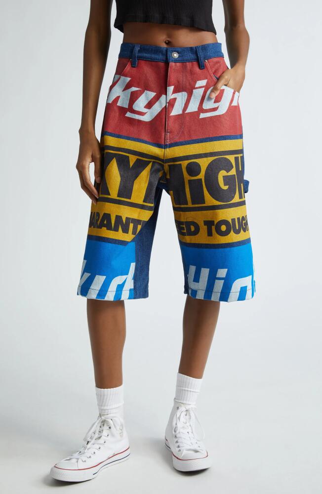 Sky High Farm Workwear Gender Inclusive Oversize Construction Logo Graphic Denim Carpenter Shorts in Blue Multi Cover