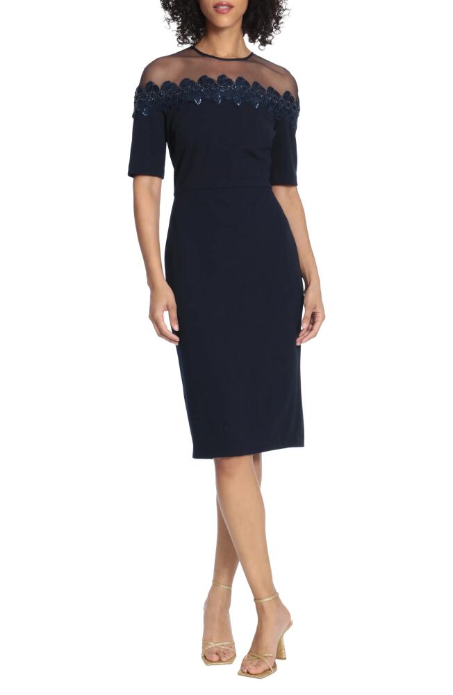 Maggy London Mesh Yoke Beaded Cocktail Sheath Dress in Twilight Navy Cover