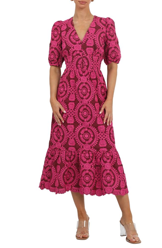 Adelyn Rae Luisa Embroidered Midi Dress in Burgundy Fuchsia Cover