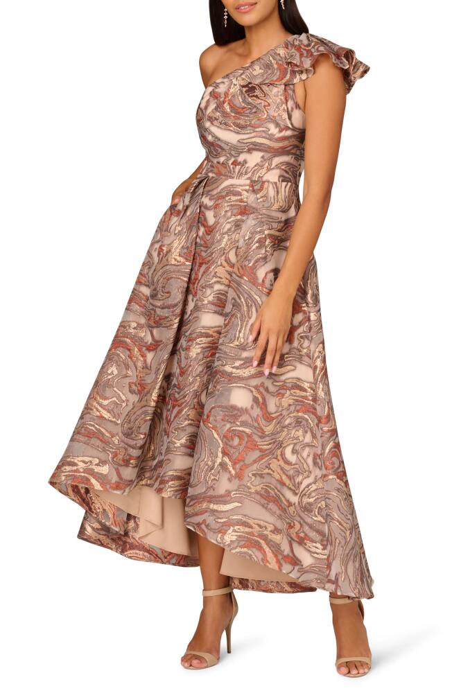 Aidan Mattox by Adrianna Papell Metallic Organza Jacquard One-Shoulder High-Low Gown in Rust Multi Cover