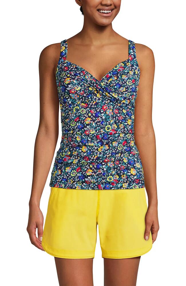 Lands' End Wrap Underwire Tankini Top Swimsuit in Deep Sea Navy Bright Floral Cover