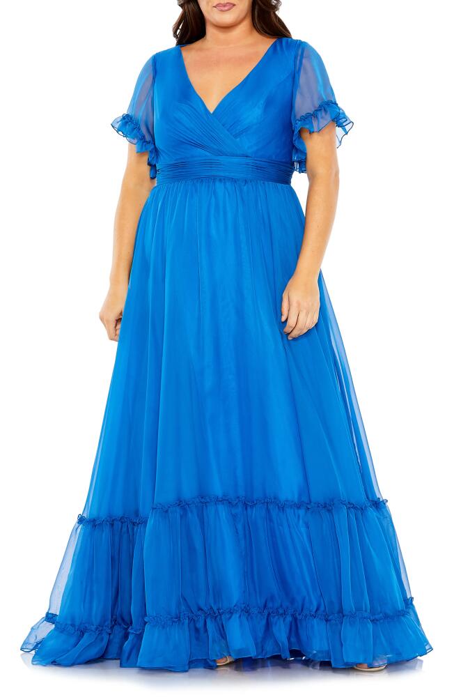 FABULOUSS BY MAC DUGGAL Ruflfe Flutter Sleeve Chiffon Faux Wrap Gown in Ocean Blue Cover