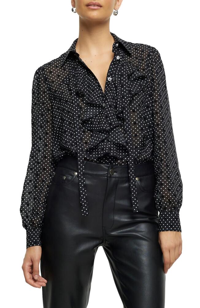 River Island Polka Dot Long Sleeve Ruffle Shirt in Black Cover