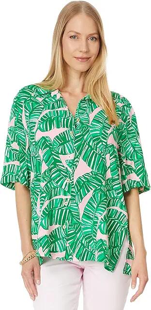 Lilly Pulitzer Franki Shirt Coverup (Conch Shell Pink Lets Go Bananas) Women's Clothing Cover