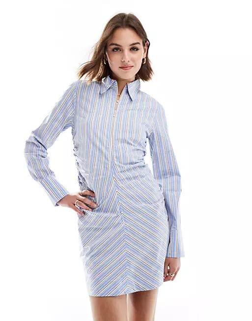 Mango cinched waist stripe mini dress in blue Cover