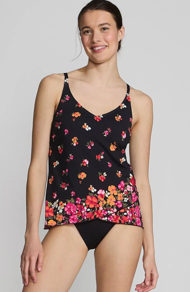 Lands' End Chlorine Resistant Tulip Hem Tankini Swimsuit Top in Black Meadow Floral Border Cover